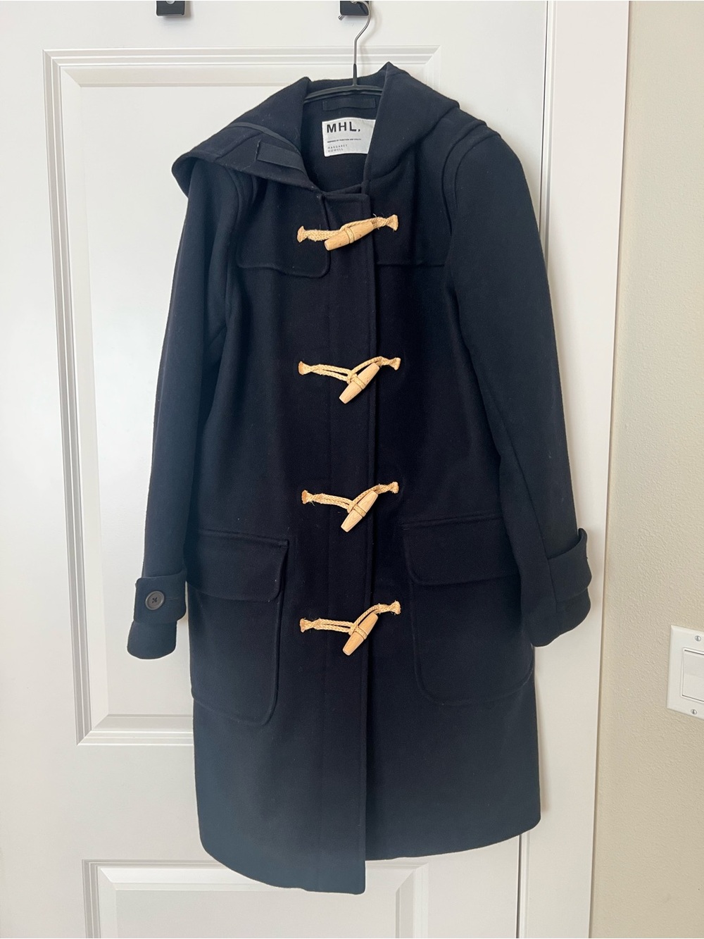 100% wool Navy wool hooded duffle coat from the MHL.